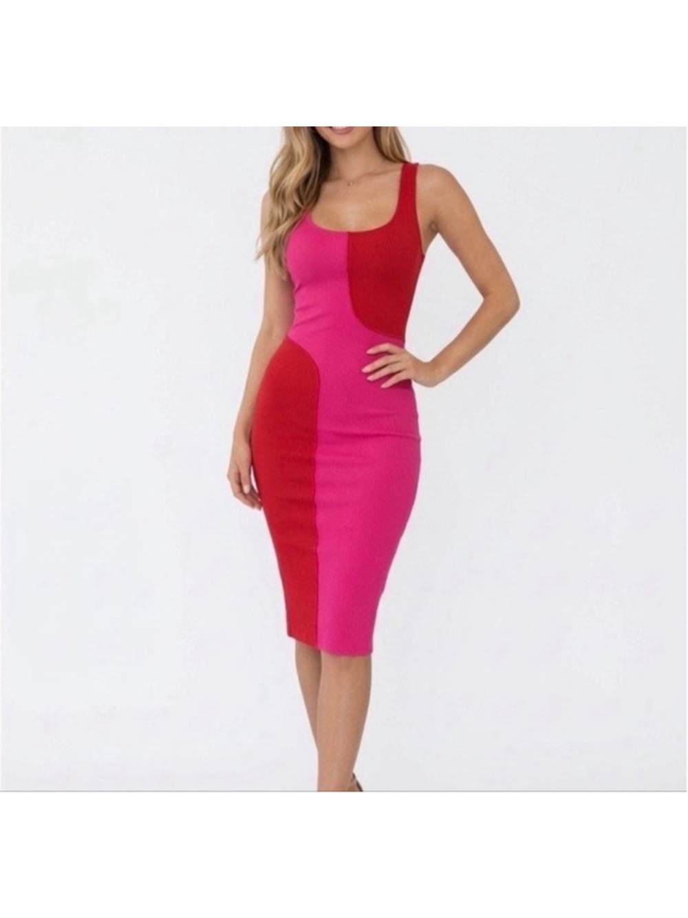Naked Wardrobe NW-D2400 Pink Red Ribbed Colorblock Racerback Midi Dress L